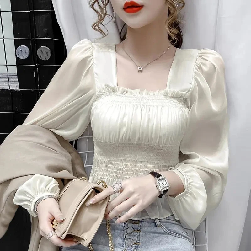 Puff Sleeve Chiffon Shirt Women Fashion Chic Spring Fall Thin Square Neck Blouse Elastic Elegant Slim Office Lady Cropped Tops