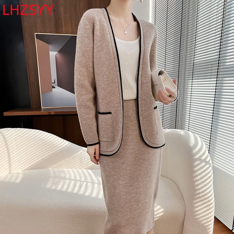 LHZSYY Women\' New Color Matching Set 100% Cashmere Button Free Cardigan Fashion Halfskirt 2023 Spring Large Size Jacket Sweaters