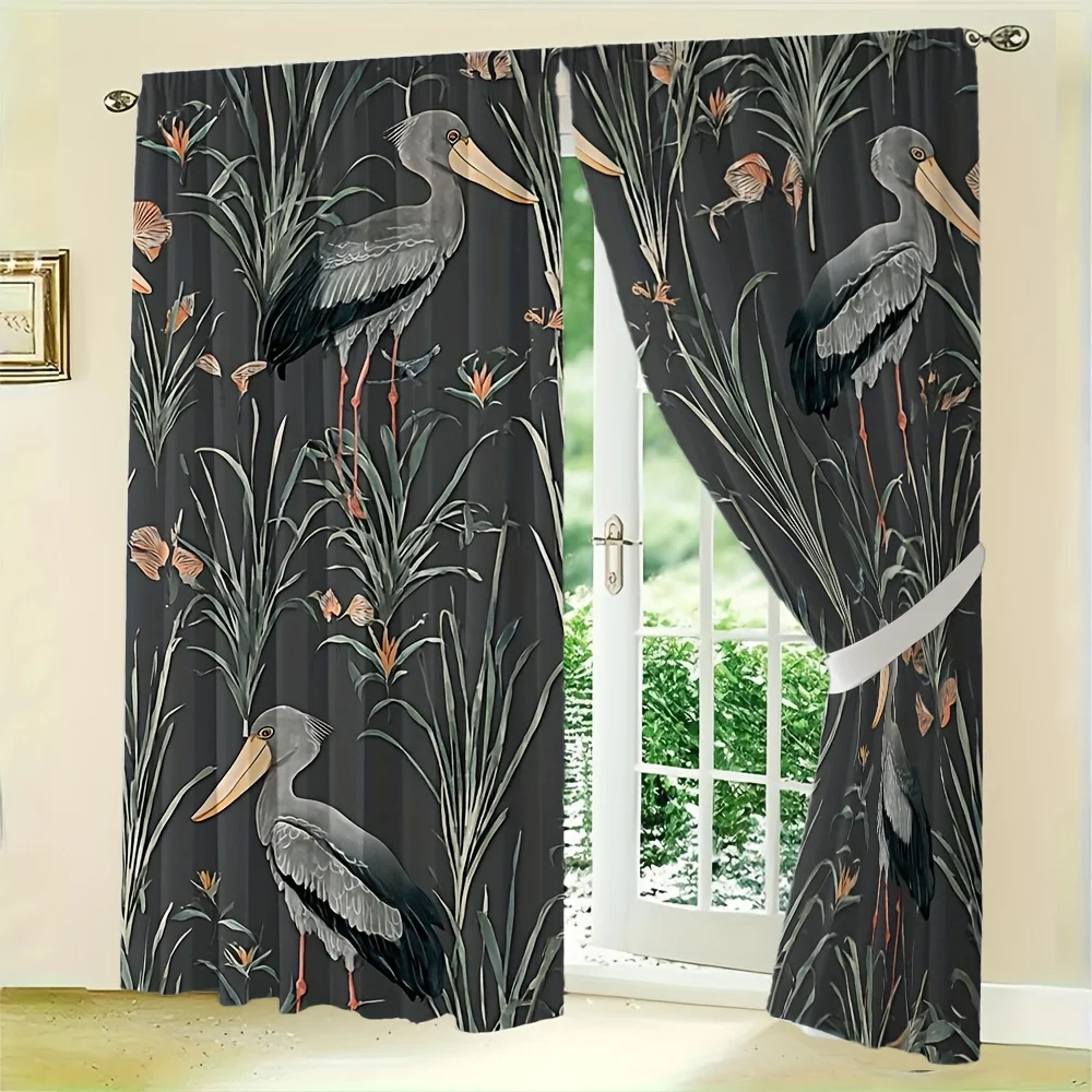 Elegant Shoebill Stork Botanical Curtains Set of 2 – Dark Grey Background  Rodless Panel Drapes for Living Room & Bedroom