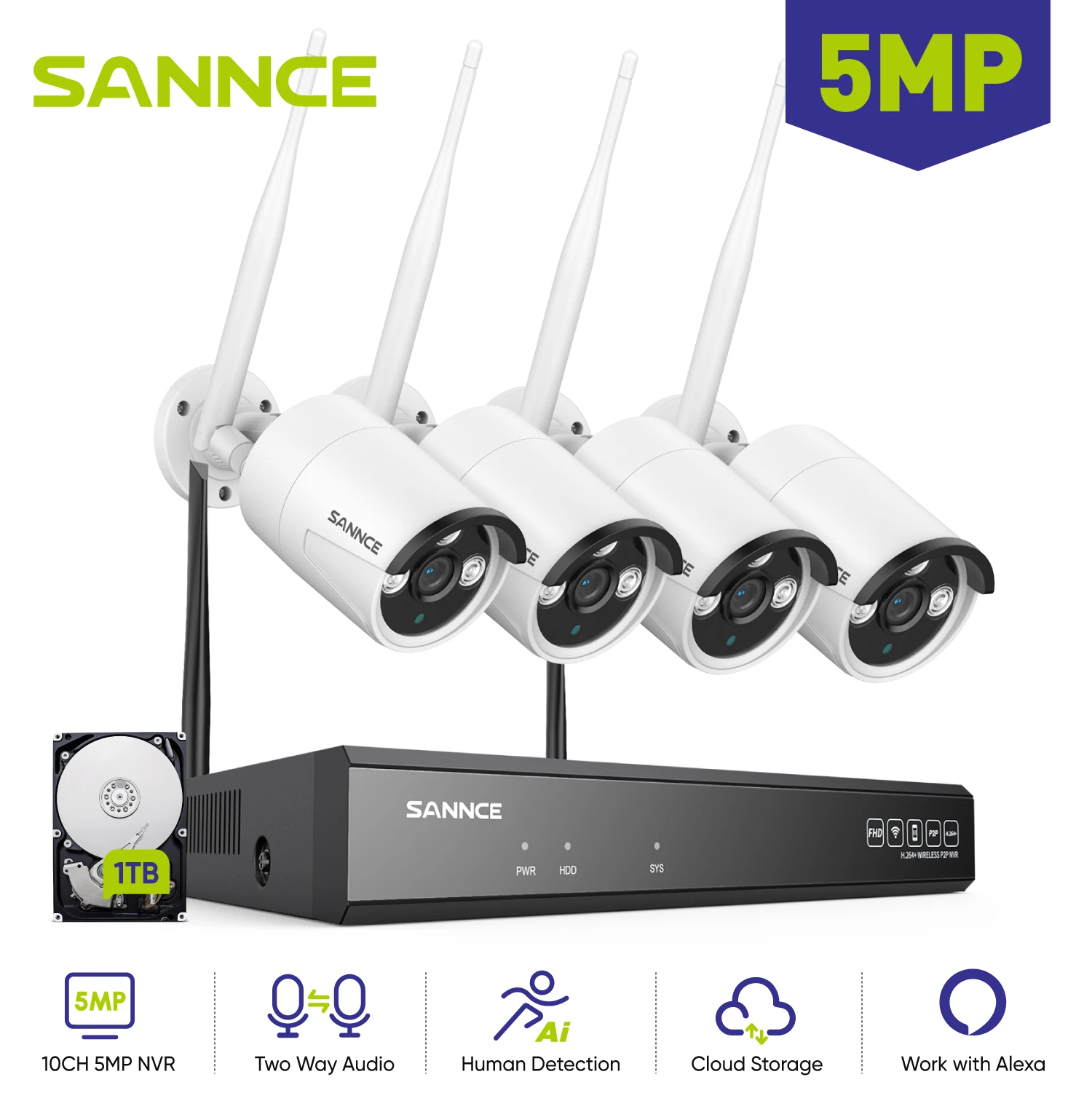 SANNCE 5MP WiFi CCTV System 10CH NVR Security Camera System Two Way Audio Video Surveillance Kit Outdoor Wireless IP Cameras