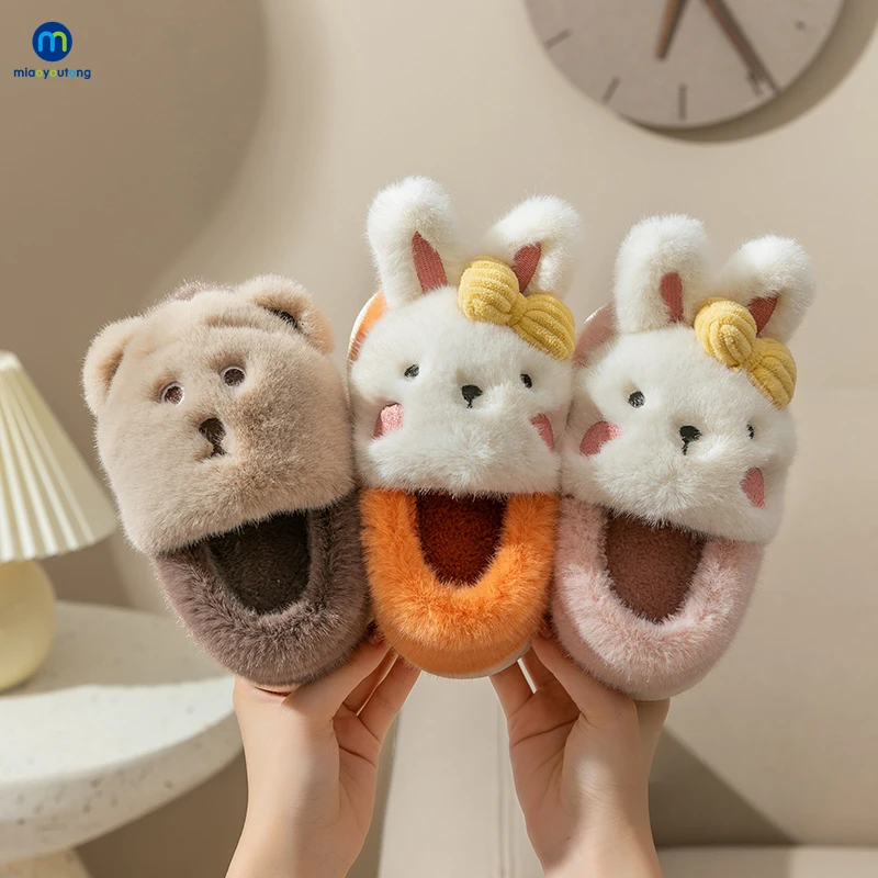 Children Home Furry Slippers Winter Baby Boys Girls Warm Cotton Indoor Shoes Kids Toddler Non-Slip Plush Slippers Miaoyoutong