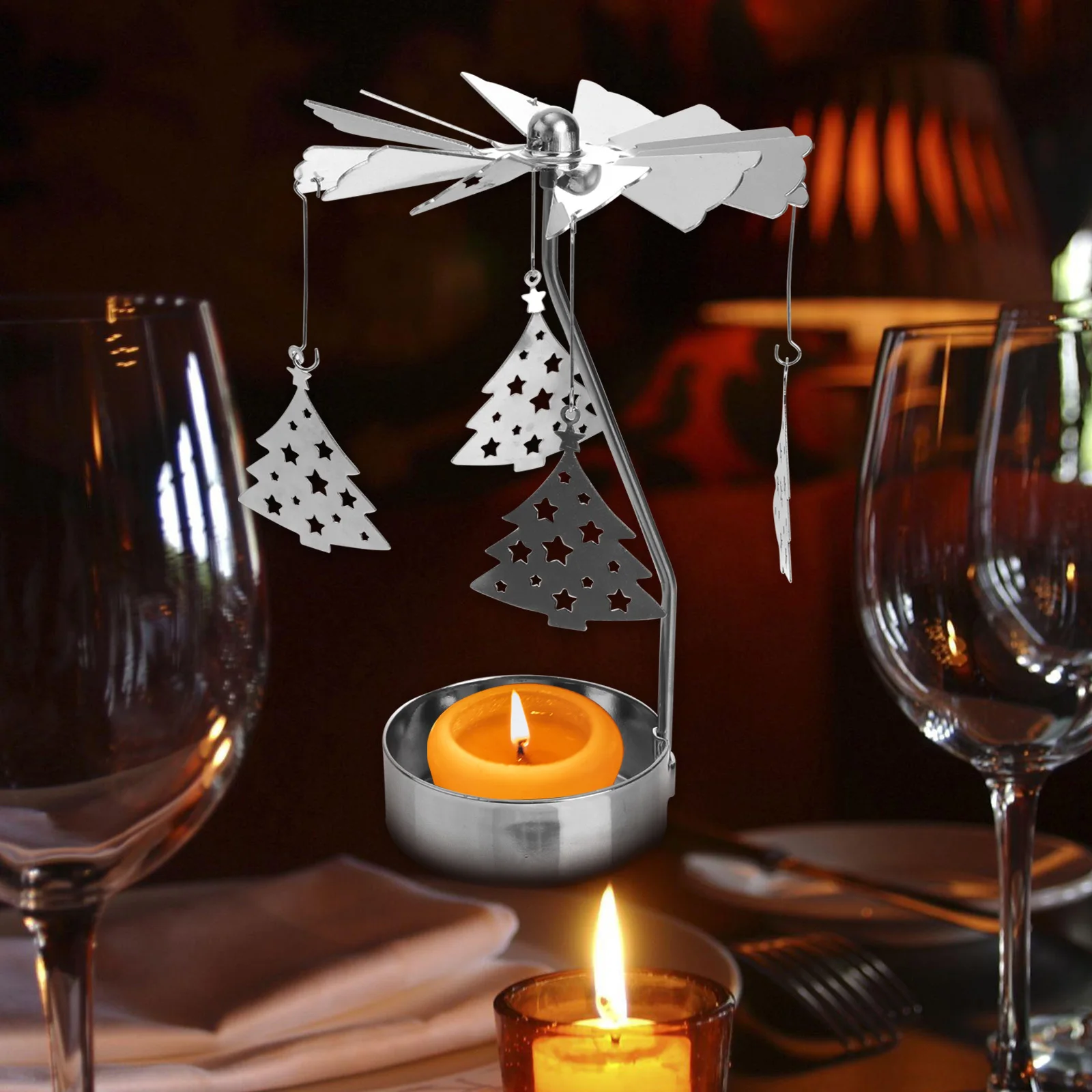 

3pcs Metal Candlestick Rotating Tea Light Holder Silver Snowflake Spinning Candleholder Christmas Decor For Living Room Wedding