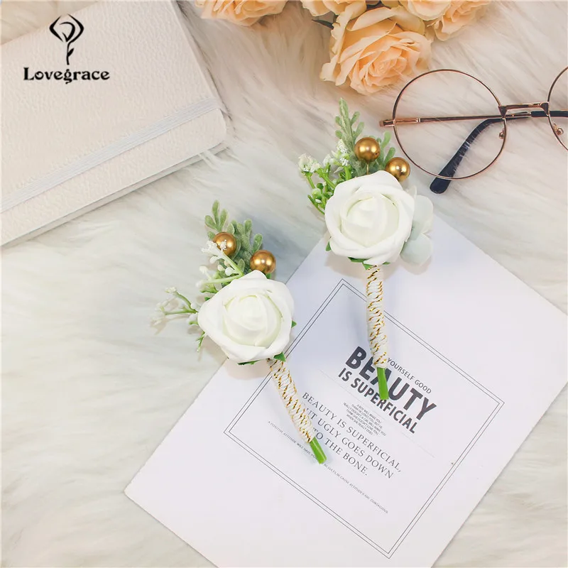 Boutonniere Flowers Artificial White PE Rose Flower Corsage Buttonhole Pin Groomsmen Boutonnieres For Men Wedding Accessories