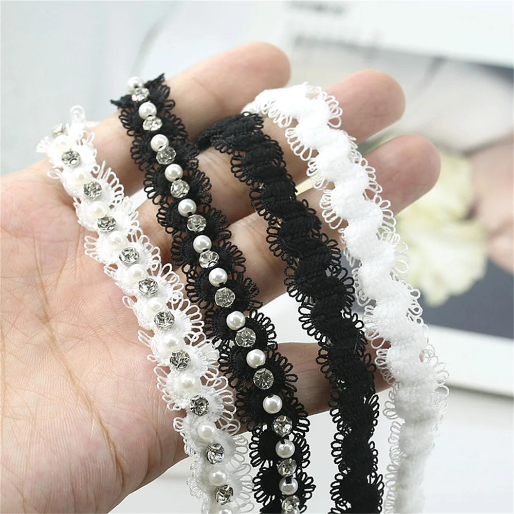 

2 Yards/Lot 15mm White Black Pearl Beaded Elastic Lace Trim Tape Ribbon Fabric Collar Dress Sewing Garment Headdress Materials