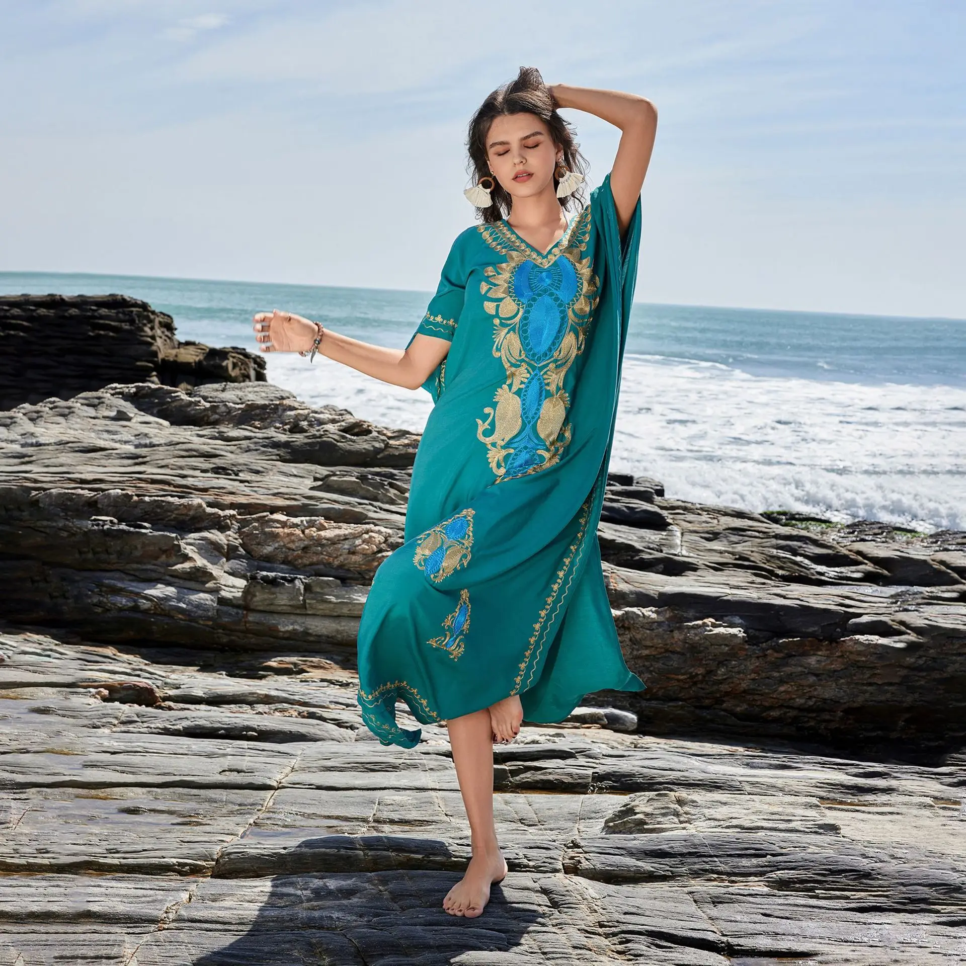 Boho เย็บปักถักร้อย V คอบิกินี่ Cover-ups ฤดูร้อนฤดูใบไม้ร่วงหลวม Kaftan ผู้หญิง PLUS ขนาด Beachwear ชุดว่ายน้ํา