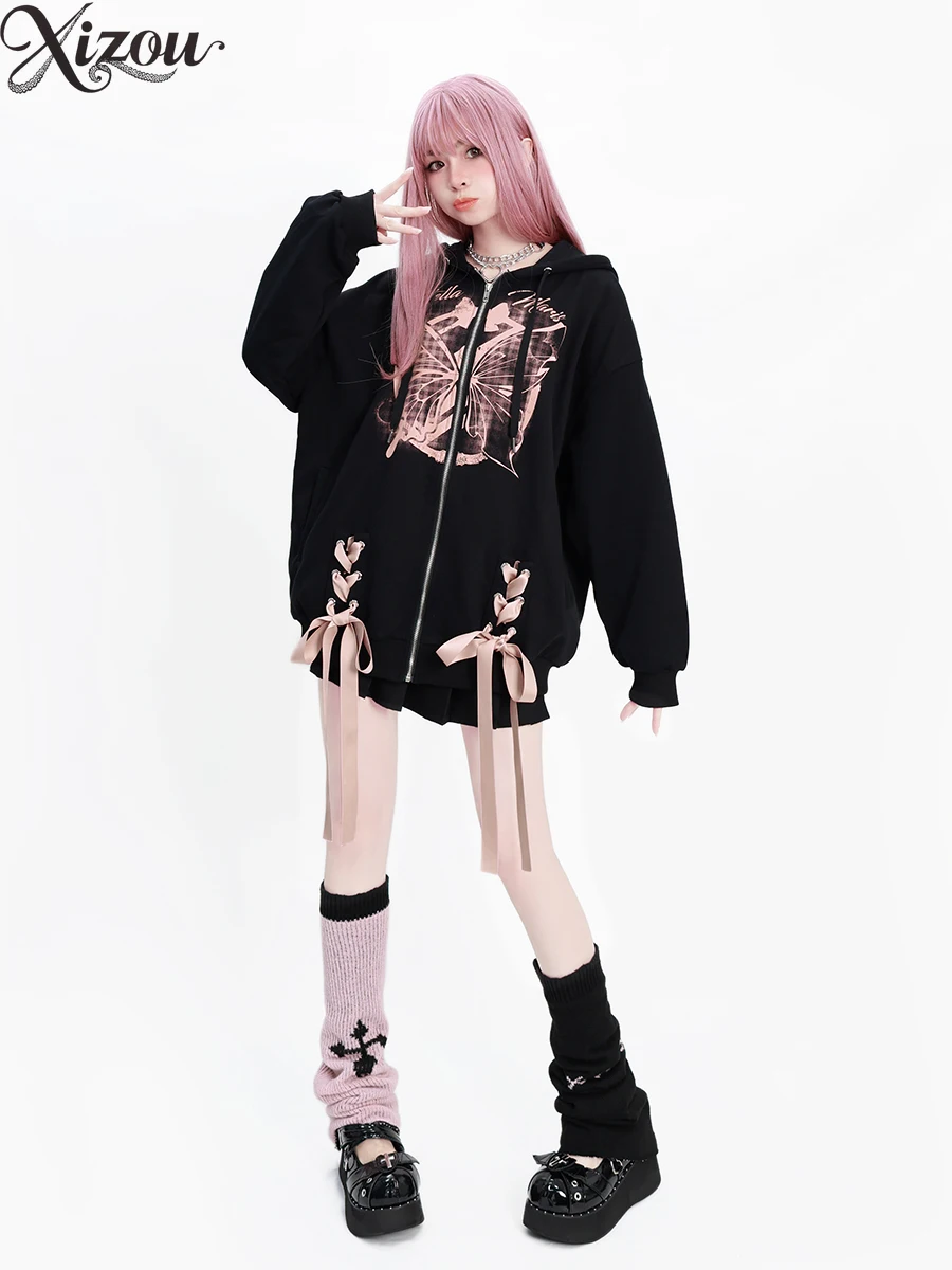 2025 가을 겨울 스웨트셔츠 여성 후드 재킷 루즈 리본 나비 프린트 지퍼 블랙 하라주쿠 스트릿웨어 캐주얼 코트 Y2k