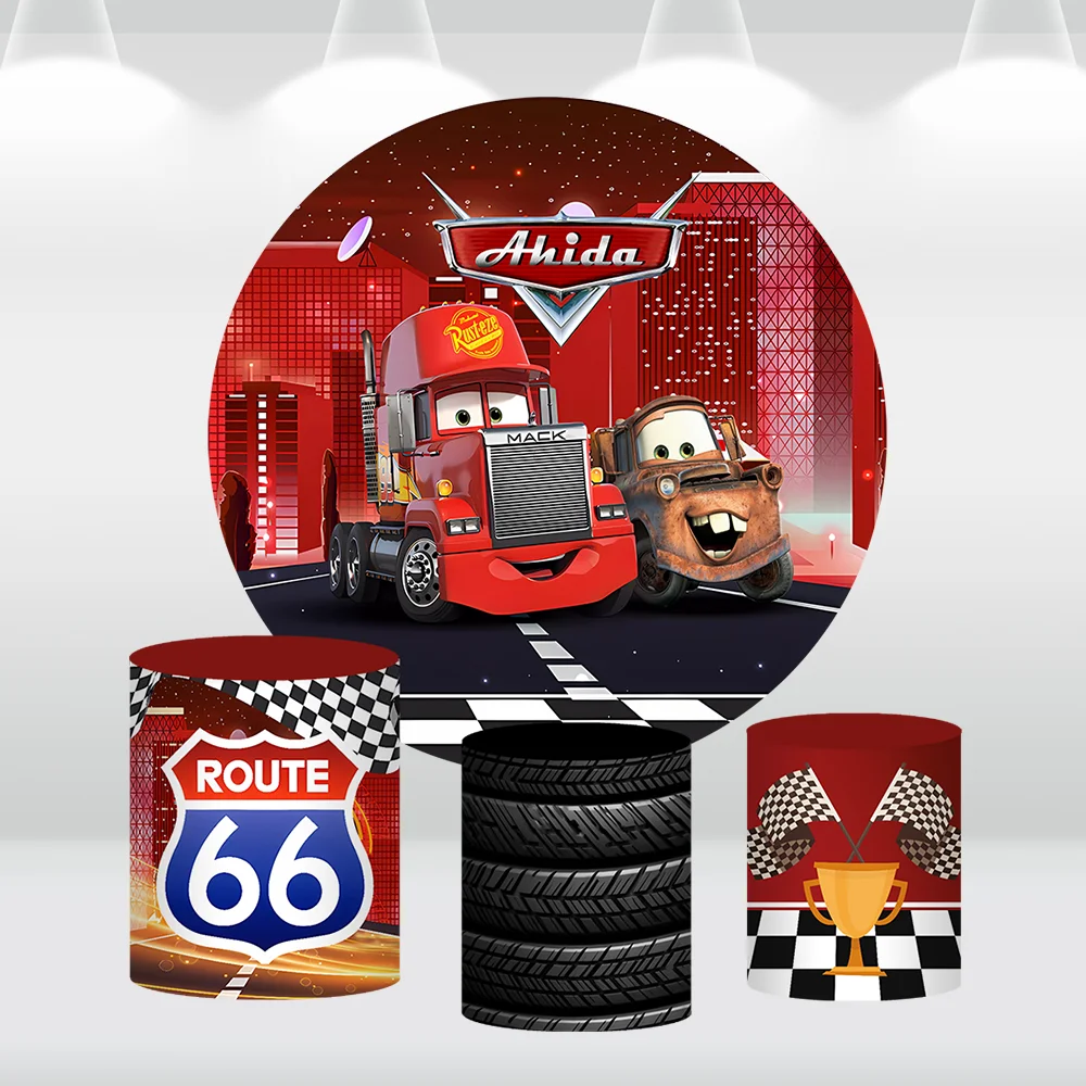 Disney mcqueen carros redondo pano de fundo capa para meninos carro de corrida banner aniversário chá de bebê fundo fotografia plinto cobre