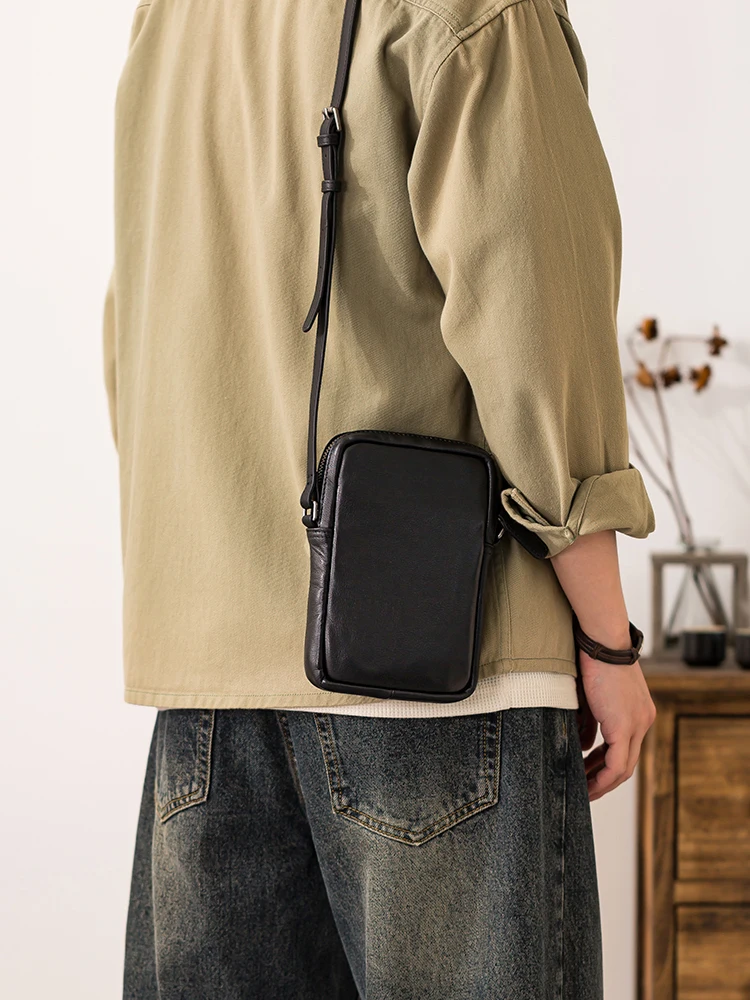 weekend party luxury first layer cowhide men's mobile phone shoulder bag casual daily light genuine leather small crossbody bag