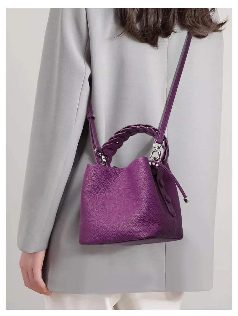 Elegante Handtasche aus echtem Leder, einzelne Schultertasche, Crossbody-Tasche, erste Schicht Rindsleder, Bucket Bag für den Arbeitsweg, Litschi-Muster – Detail 2