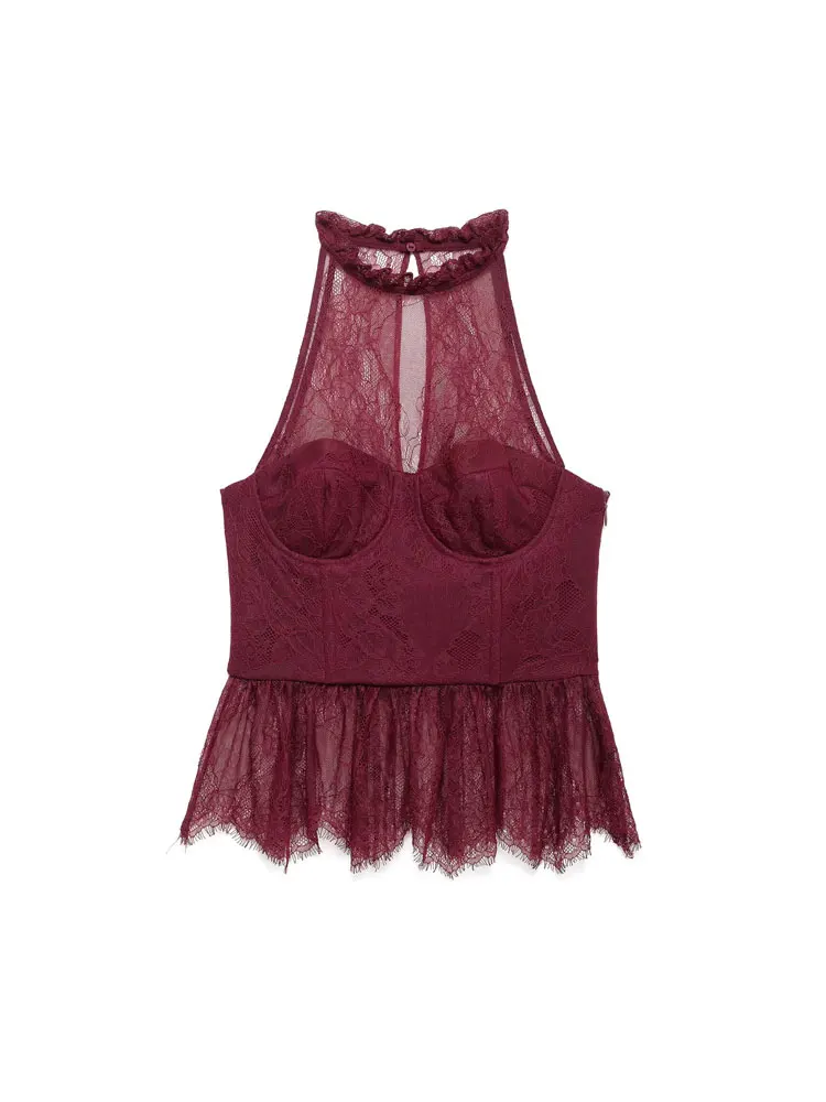 Fanan Women's Sexy Fashion Hoop Detail Lace Tank Top Halter Neck Side Zipper Camisole Female Sexy Fashion
