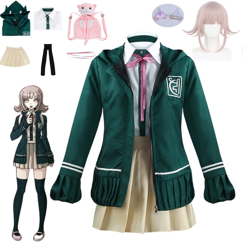 Nanami Chiaki Anime Cosplay Fantasia, Danganronpa, Uniforme de Estudantes do Ensino Médio, Saia Curta, Gato Mochila, Uniforme JK