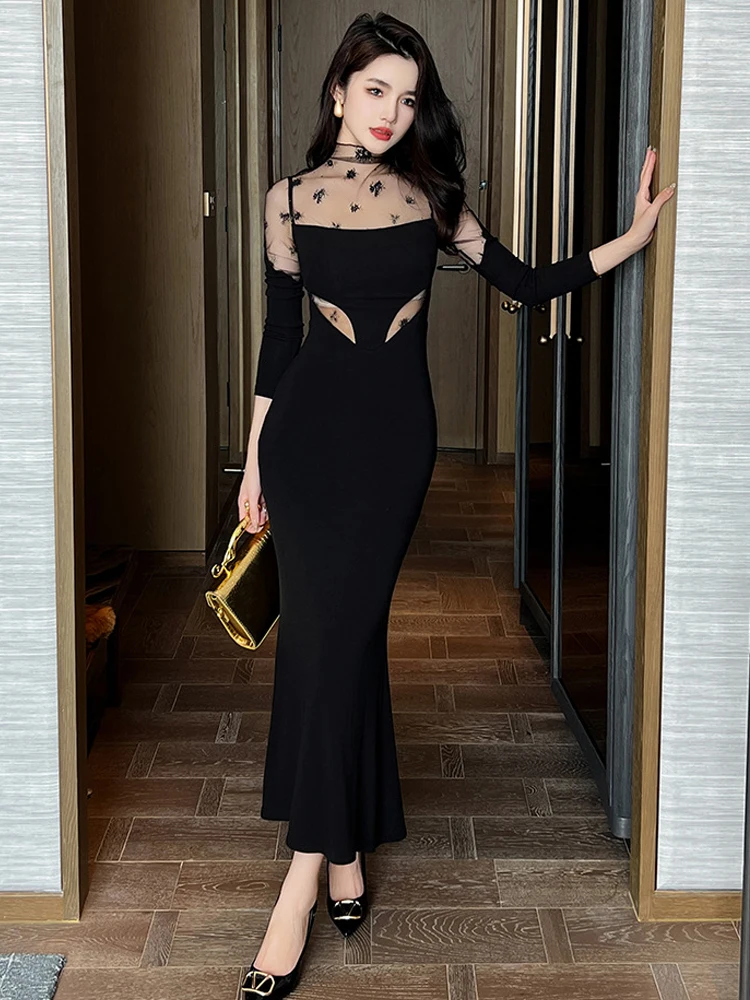 Exquisite Elegant Prom Dresses Women Celebrity Sexy Sheer See Through Mesh Spliced Hollow Fishtail Robe Lady Black Party Vestido
