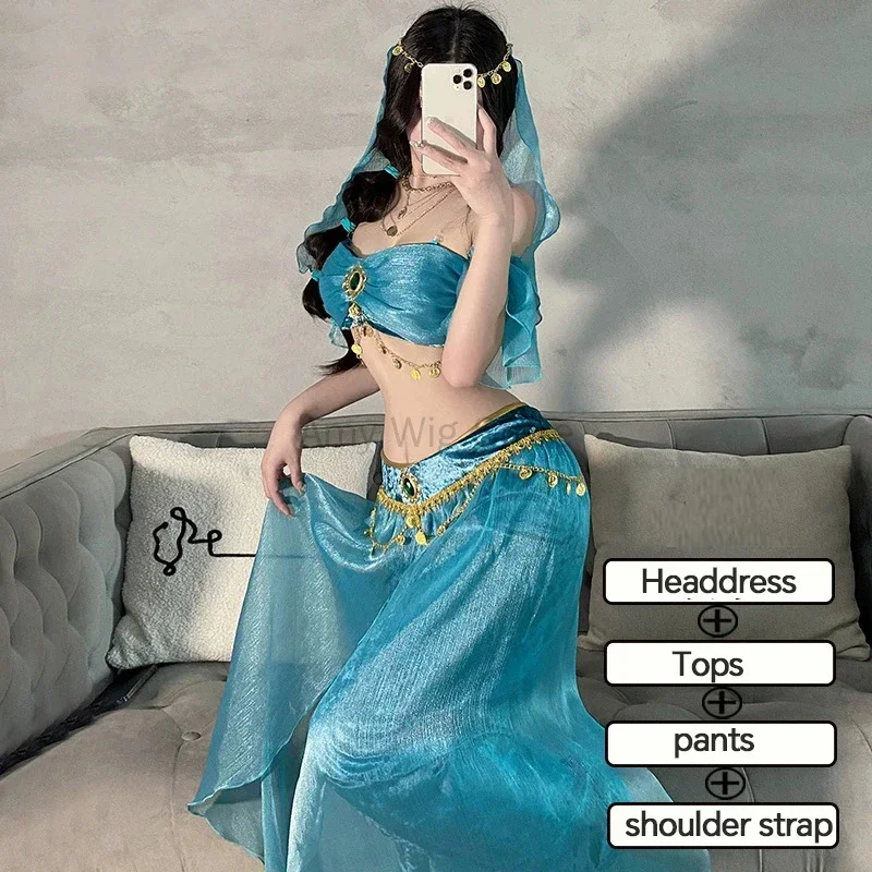 Costume cosplay di gioco di ruolo di lingerie di danza del ventre da donna sexy blu Set costume di danza indiana esotica Cleopatra