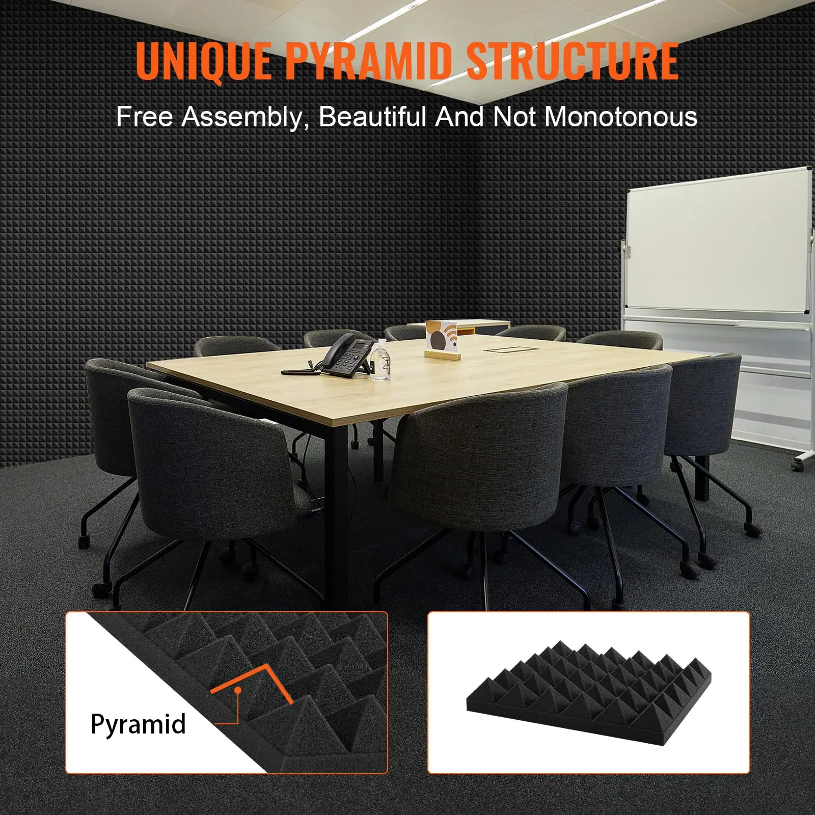HERTBER - 12 Paneles Acústicos de Espuma en Forma de Pirámide Negra de 12x12x2 Pulgadas con Cintas Adhesivas de Doble Cara, Paneles Absorbentes de Sonido para Pared