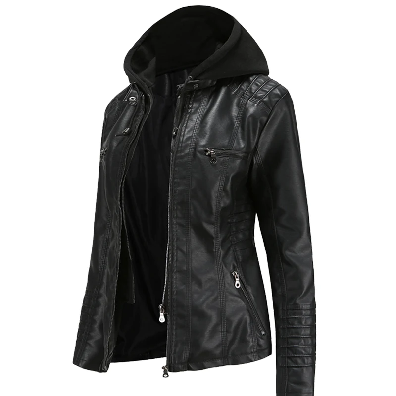 Imagem -02 - Outono Inverno Mulheres Jaqueta de Couro com Capuz Removível Plutônio Jaquetas de Couro da Motocicleta Manga Longa com Zíper Cabolsa Preto Outerwear Xs7xl