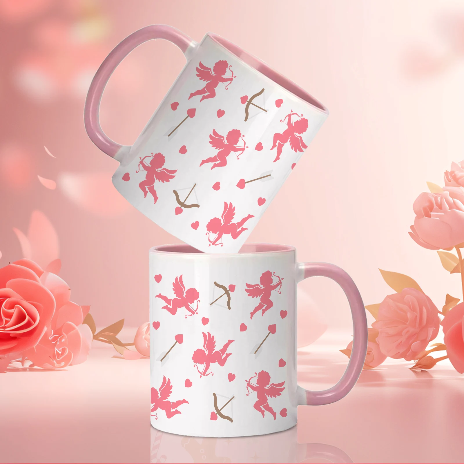 11oz Party Ceramic Mugs with Handle 3D Print Cupid & Love Bow  Arrow Exquisite Coffee Cups Valentine's Day Gift for Girlfriend