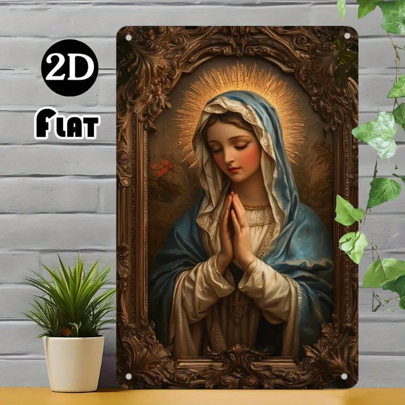 Religious Aluminum Metal Wall Art, Praying with Golden Halo, Elegant Blue & White Robes, Festive Wall Decor, 2D Flat