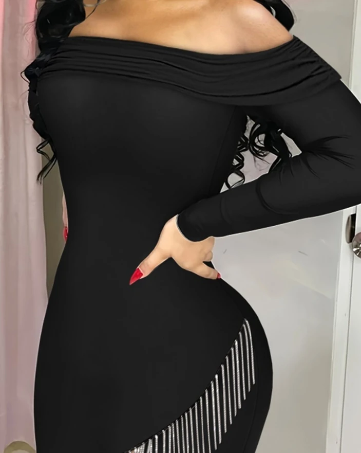 Women's Off Shoulder Tassel Hem Bodycon Dress Long Sleeve Mini Party Dress Elegant Dress for Women Shipped Within 48 Hours