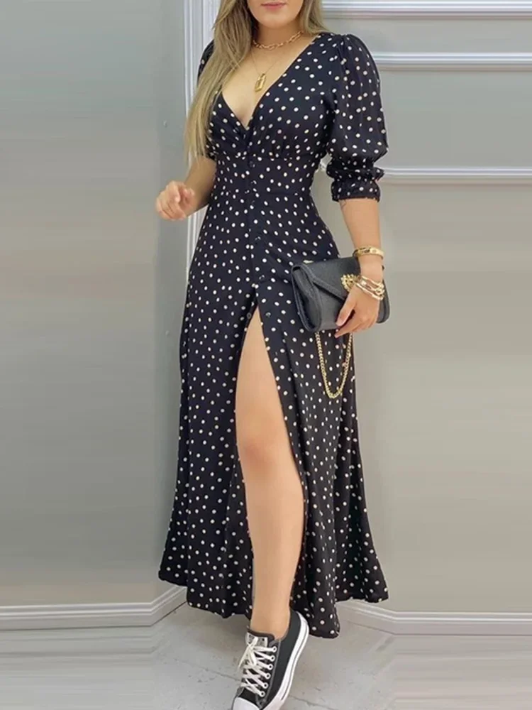 

Dot Print Puff Sleeve Sexy V Neck High Slit Dress Women Summer Maxi Dress