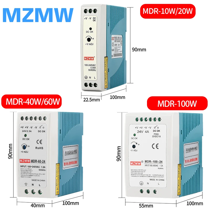 MZMW 12V 24V DIN Rail Switching Power Supply MDR-10W 20W 40W 60W 100W Industrial Mini SMPS Switch Power 10A AC DC Single Output