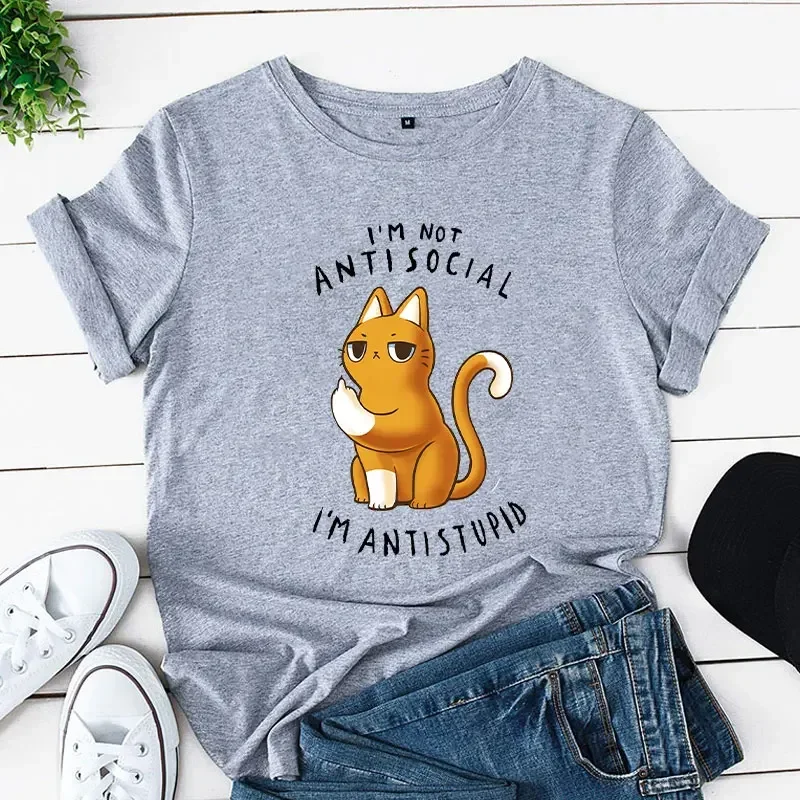 Camisetas casuais senhoras eu não sou antisocial eu sou antistupido tendência estética verão roupas femininas tshirt topos feminino gato dos desenhos animados tshirt