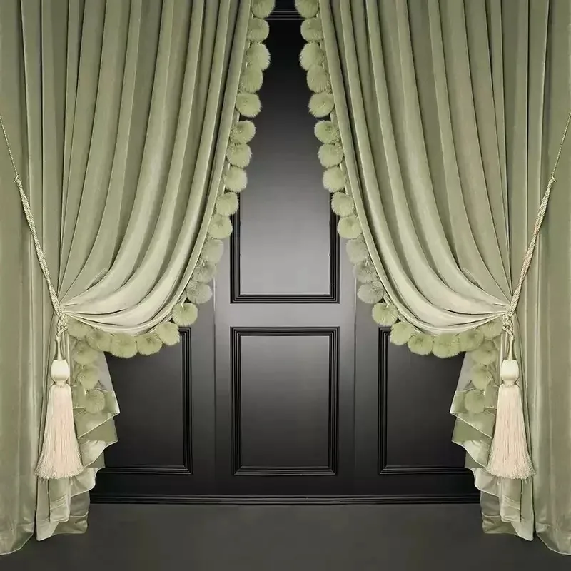 

Luxury Blackout Luxury with Fur Ball Trim French Retro Green Velvet Curtains for Living Dining Room Bedroom Decor White Tulle