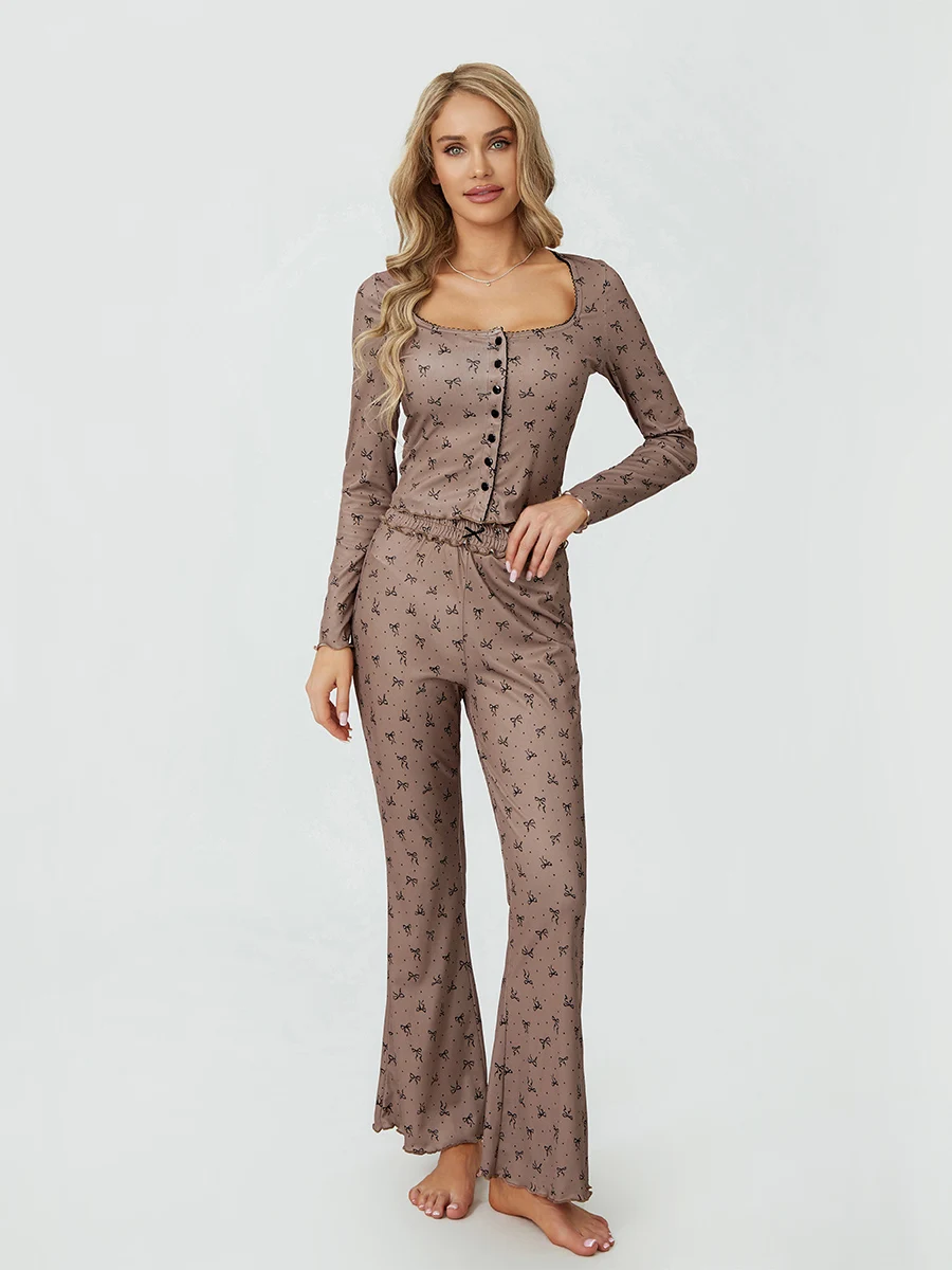 Spring Fall Two-Piece Lounge Wear Sets Female Casual Pajamas Sets Long Sleeve Buttons U-Neck Cardigan Crop Tops and Flare Pants