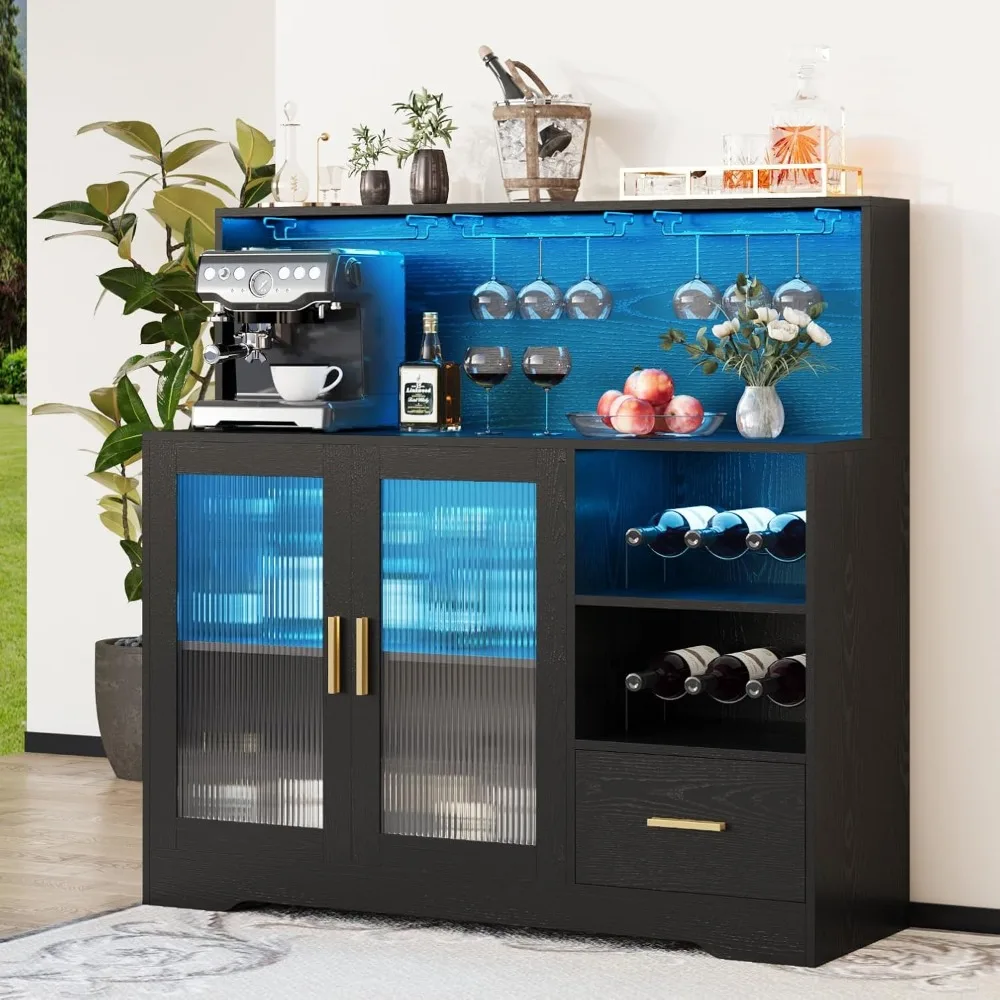 

Wine Bar Cabinet with LED Light, with Wine and Glass Rack, Kitchen Coffee Bar Cabinet with Storage&Drawers, Bar Cabinet
