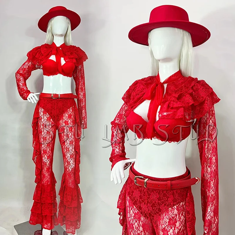 Women Stage Show Costume Red Lace Performance Suit Sexy Top Pants Set Gogo Dancer Outfits Nightclub Party Rave Clothing VDL4670