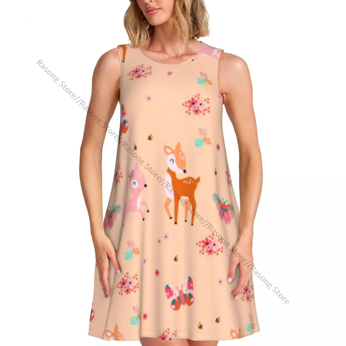 レディースドレス夏カジュアルTシャツドレスビーチカバーアップかわいい鹿と花タンクドレス