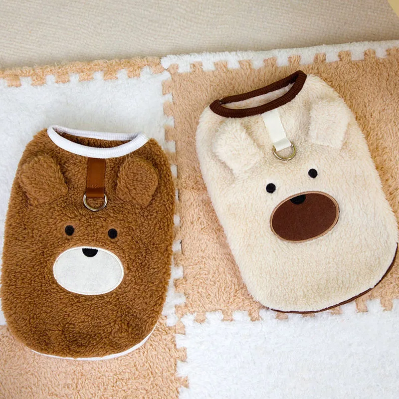 Winter Fleece Sweatshirt Hoodies For Dog Beige Brown Bear Pattern Sleeveless Pet Clothes With D-Ring For Small Dogs York Apparel