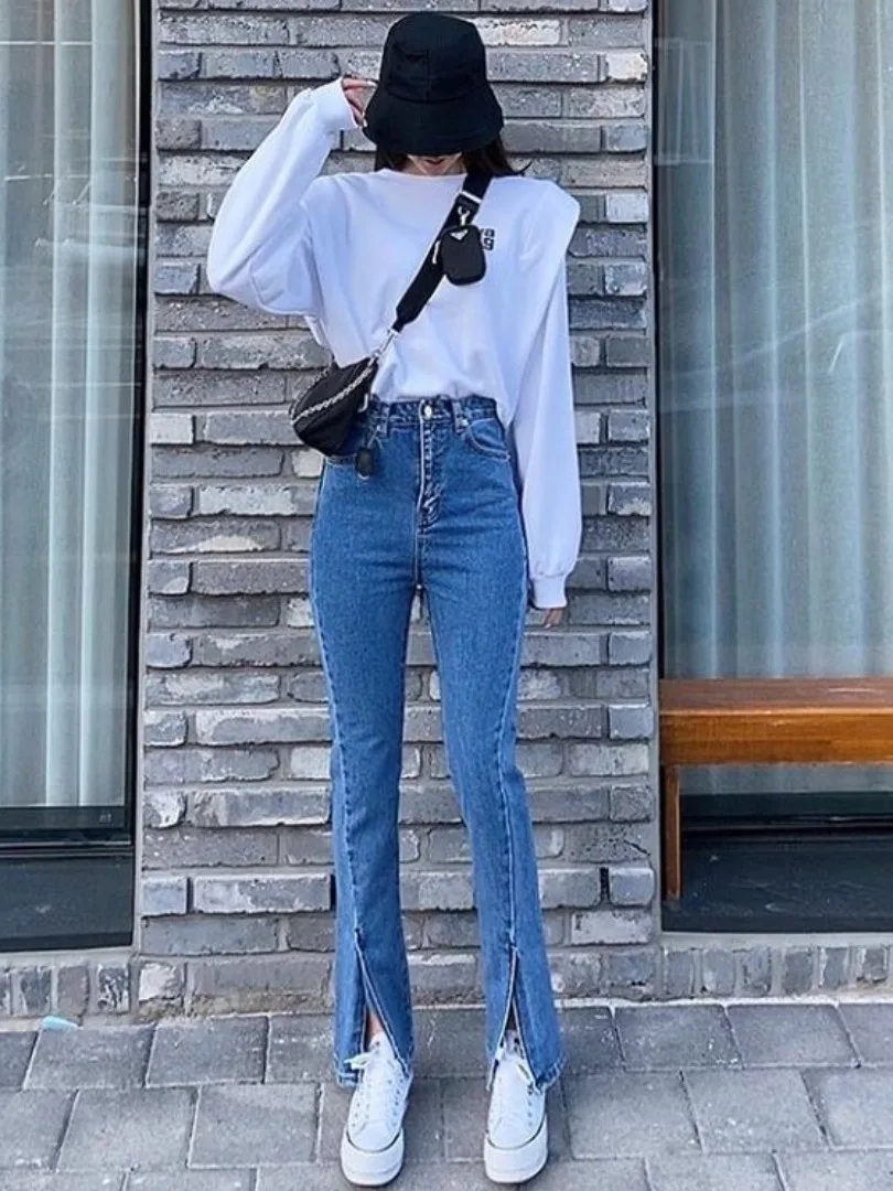 Afslankende denim jeans met hoge taille en split aan de voorkant Trendy vintage gevoel dames Faion lente herfst l taille jeans
