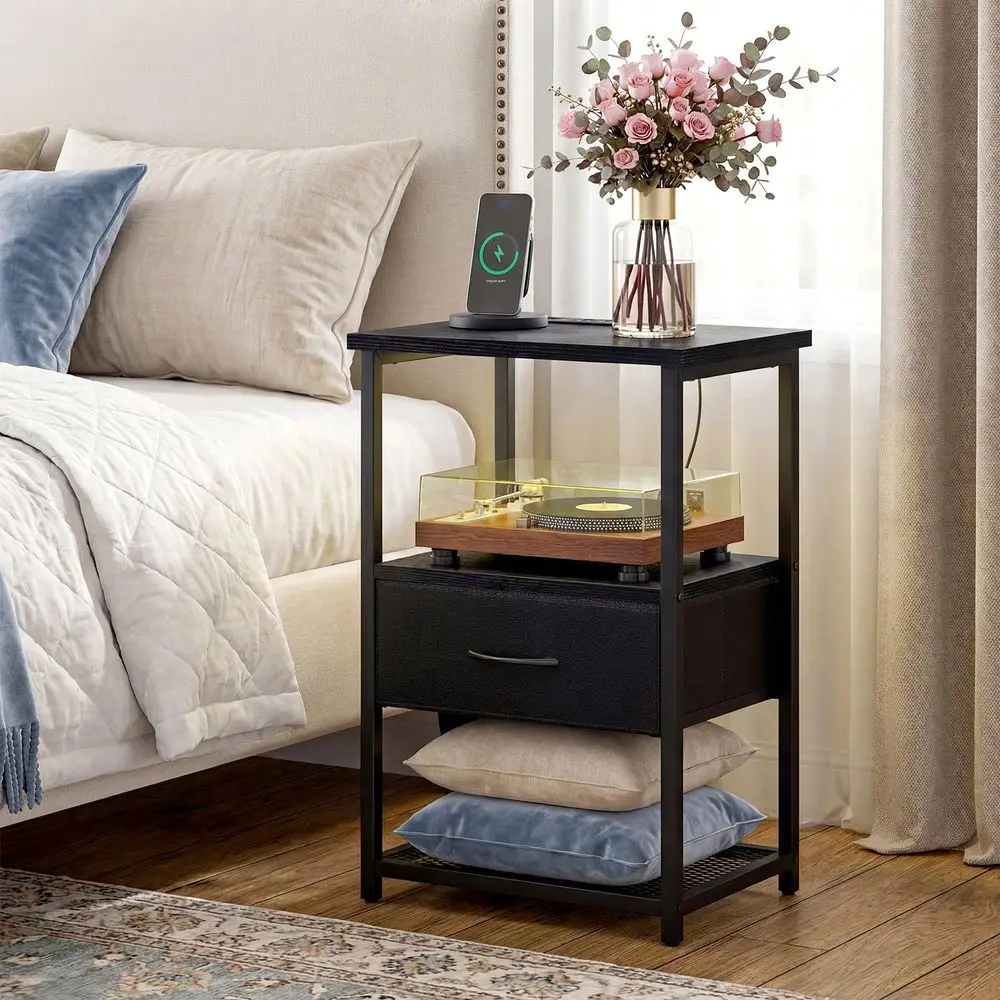 

1Drawer Bedside Table With Charging Station LED Light Fabric Drawers, PU Finish Nightstand, End Table For Bedroom