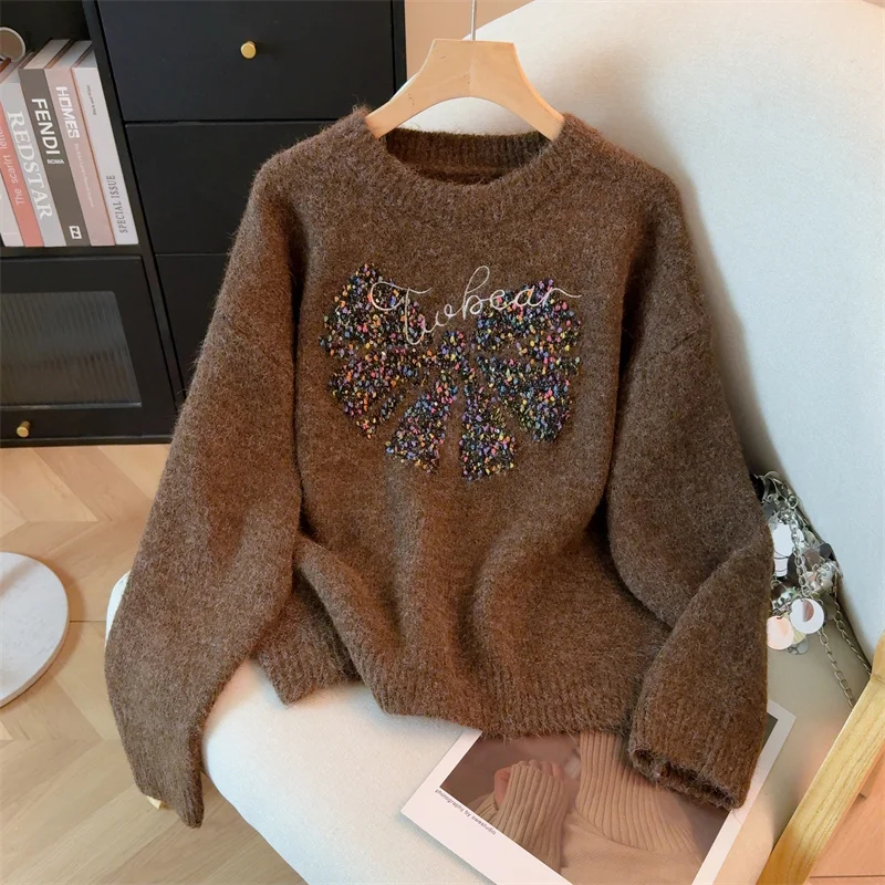 เสื้อสเวตเตอร์ไหมพรมสีเทาปักลายสไตล์วินเทจ Y2K ยุค 2000 คอวี แขนยาว สำหรับผู้หญิง ฤดูหนาว 2025