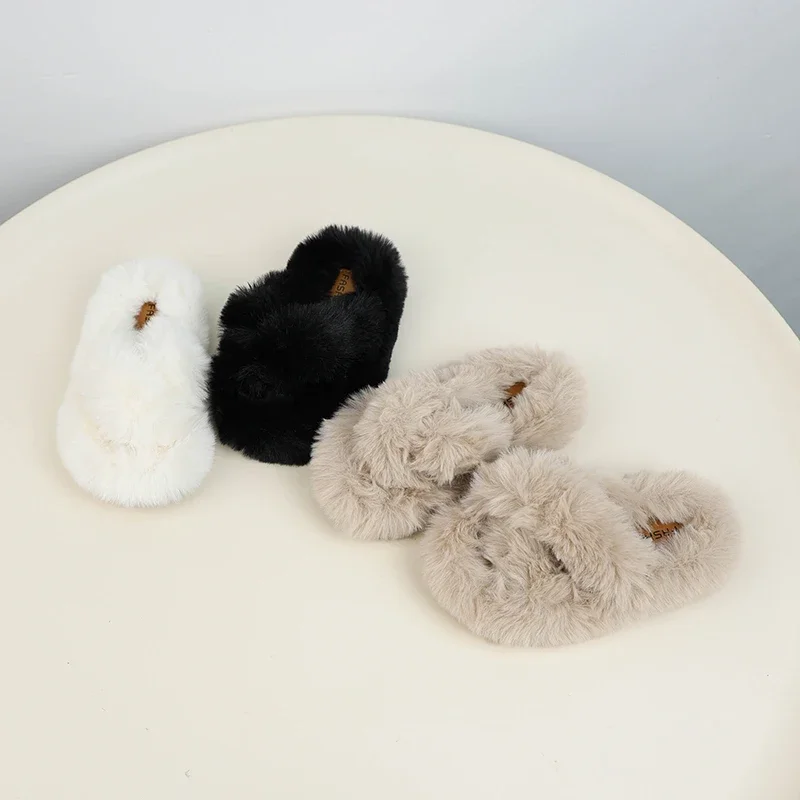 Winter Children's Slippers Furry Hairy Girls Warm Home Slippers Open-toe Warm Kids Fashion Causal Flat Plush Shoes Solid Color