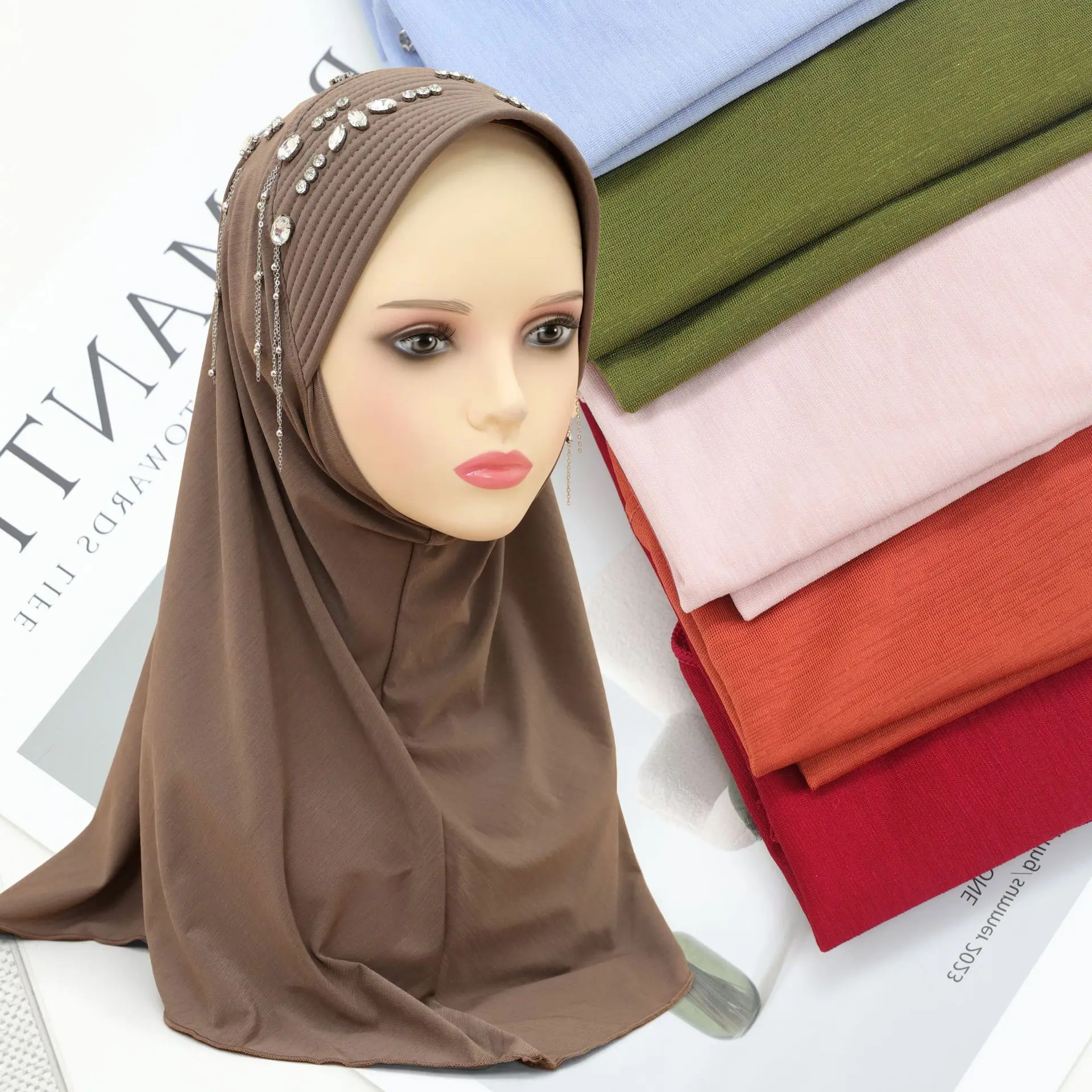 One Piece Amira Headscarf Brim Diamond Fringe Women Instant Scarf Hijab Turban Muslim Head Wrap Scarves Pull On Niqab Hat Nikab