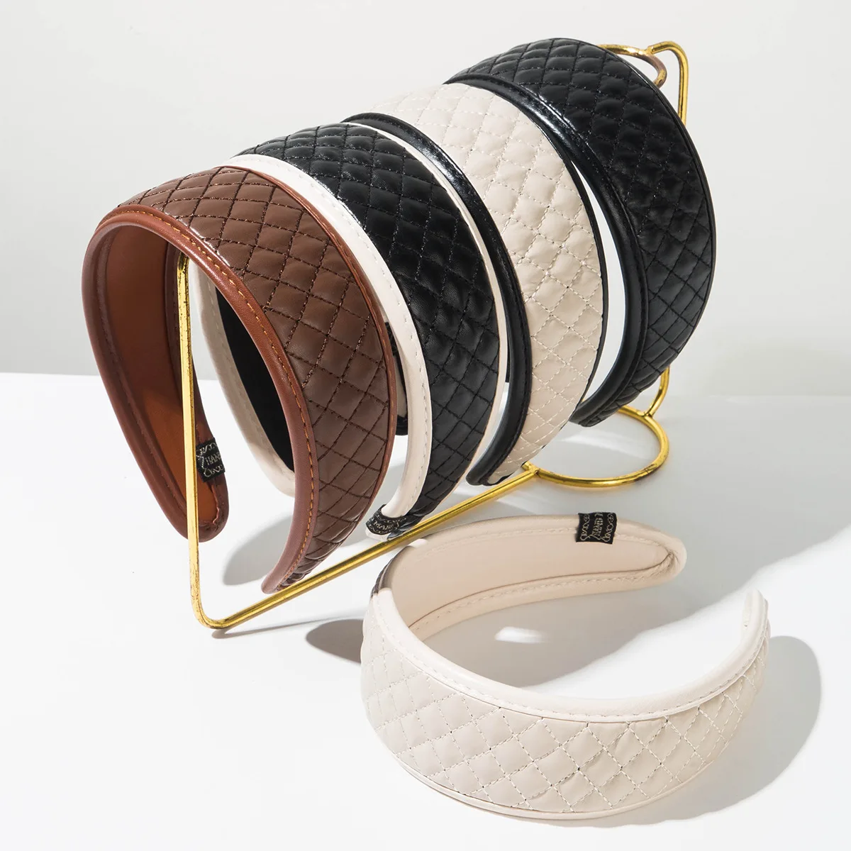 

New Autumn and Winter Retro Fabric Color Block Diamond Grid Leather Headband Versatile Hair Accessory