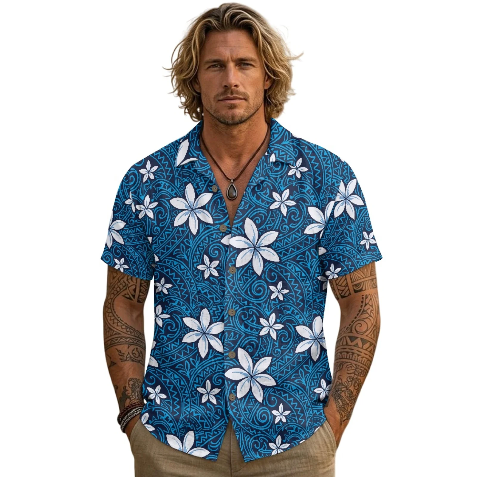 PENSTROLL Plumeria Linen Style Summer Breathable Tops Men's Shirt for Man Single Breasted Button Up Top