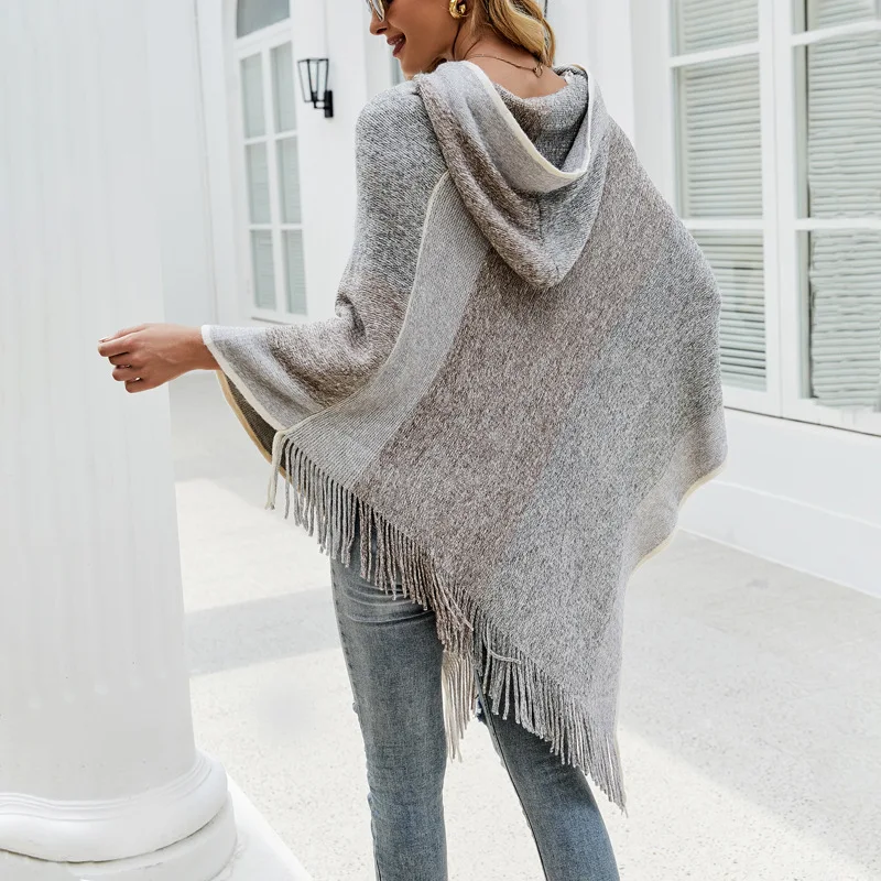 11 Colors Women Knitted Poncho Capes With Hat Autumn Striped Loose Sweater With Tassel Casual Triangle Pullover Shawl Knitwear