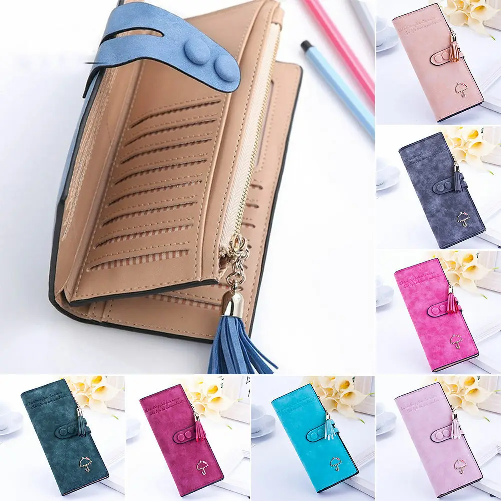 

Women's Long Wallet Frosted Umbrella Hardware Buckle Fringe Multi-card Holder Cash Purse Folding Cell Phone Bag Wallet Handbag