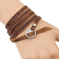 Charmsmic-Pulseras de cuero PU multicapa para hombre y mujer, pulseras con dijes, cuerda larga trenzada, patrón de palabras, estilo de joyería Vintage, Color marrón