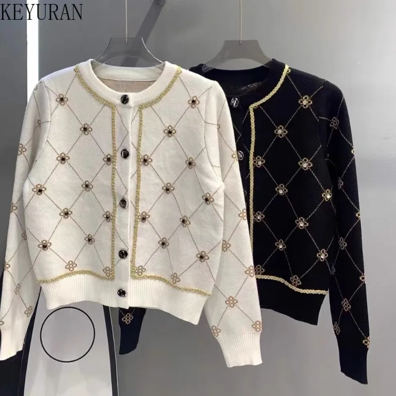 Diamonds Chain Argyle Knitted Cardigan Sweater Coat Women 2024 Autumn Winter Vintage Elegant Long Sleeve Outerwear Knitwear Tops