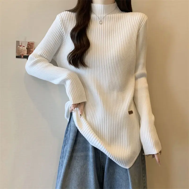 Large Size Women's Clothing Spring And Autumn New Solid Color Pit Strips Inside And Outside Semi-turtleneck Long-sleeved Top