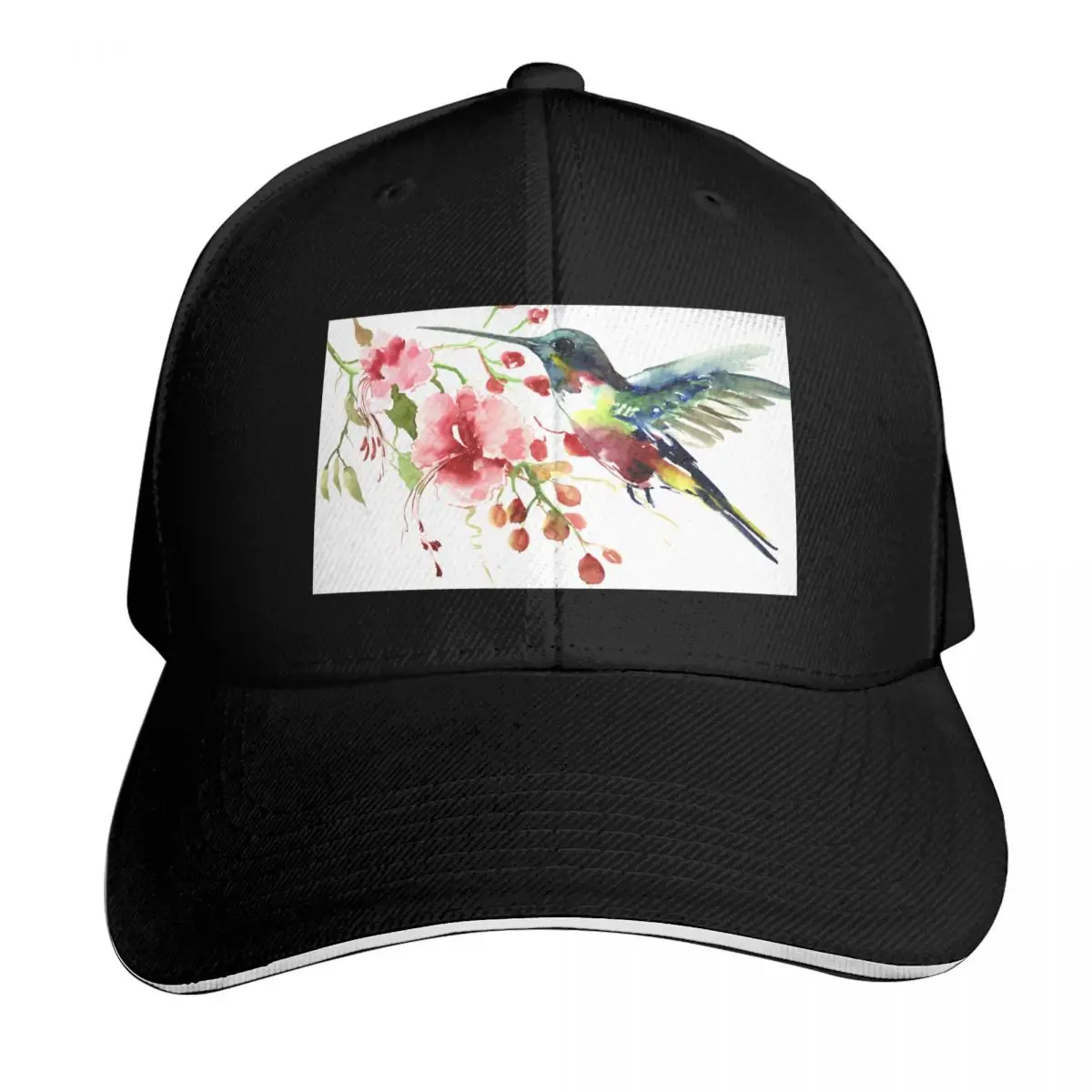Hummingbird and Flowers Baseball Cap Breathable Mesh Back Adjustable Buckle Closure Moisture Wicking Quick Dry