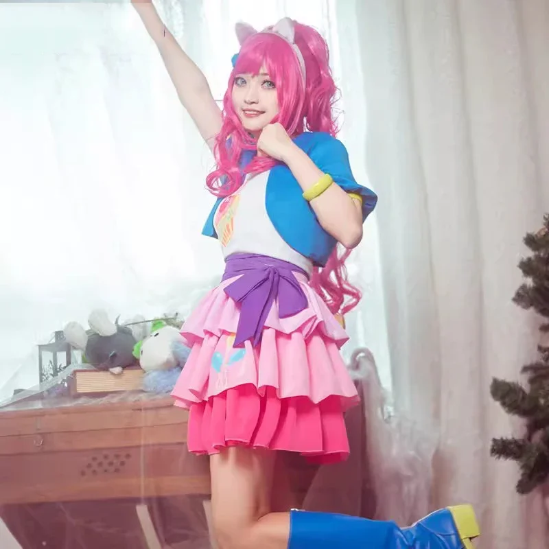 Anime Little Pony Pinkie Pie Human Cosplay Costumes Women Cute Kawaii Short Sleeve Dress Suit Halloween Carnival Party Cloth*1W@