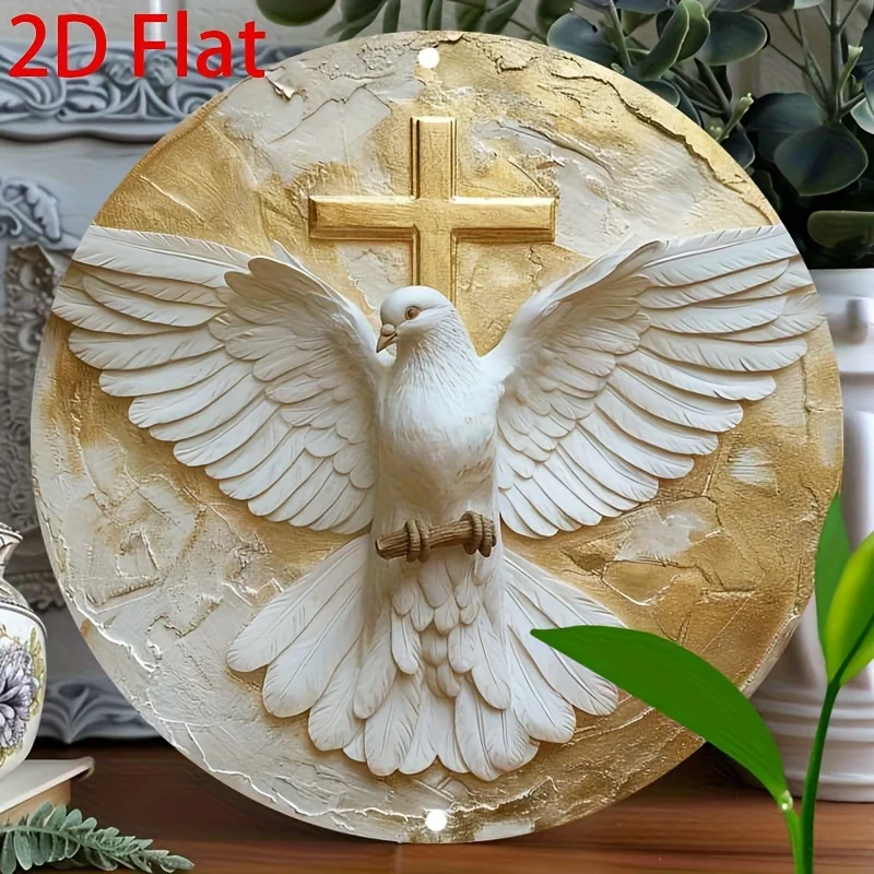 Arte de Parede Metálica 2D Plana com Pomba do Espírito Santo e Cruz, Placa Decorativa Redonda Vintage Cristã Religiosa, Paz Espiritual Retrô