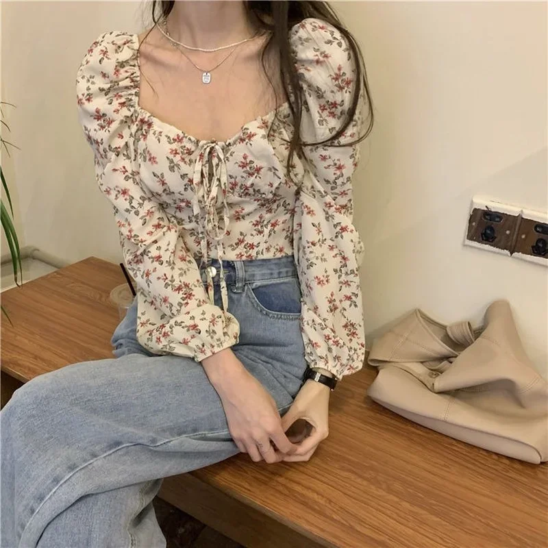 Blouses Women Floral Trendy Design Lovely Puff Sleeve Lace-up French Style Vintage Elegant Cozy All-match Leisure Femme Crop Top