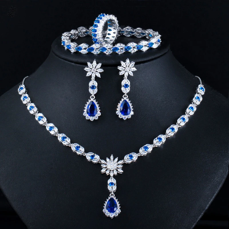 

High End Women's Party Dress Jewelry Accessories 4 Pieces Sets Necklace Earring Ring Bracelet Chain with Blue Gemstone Zircon