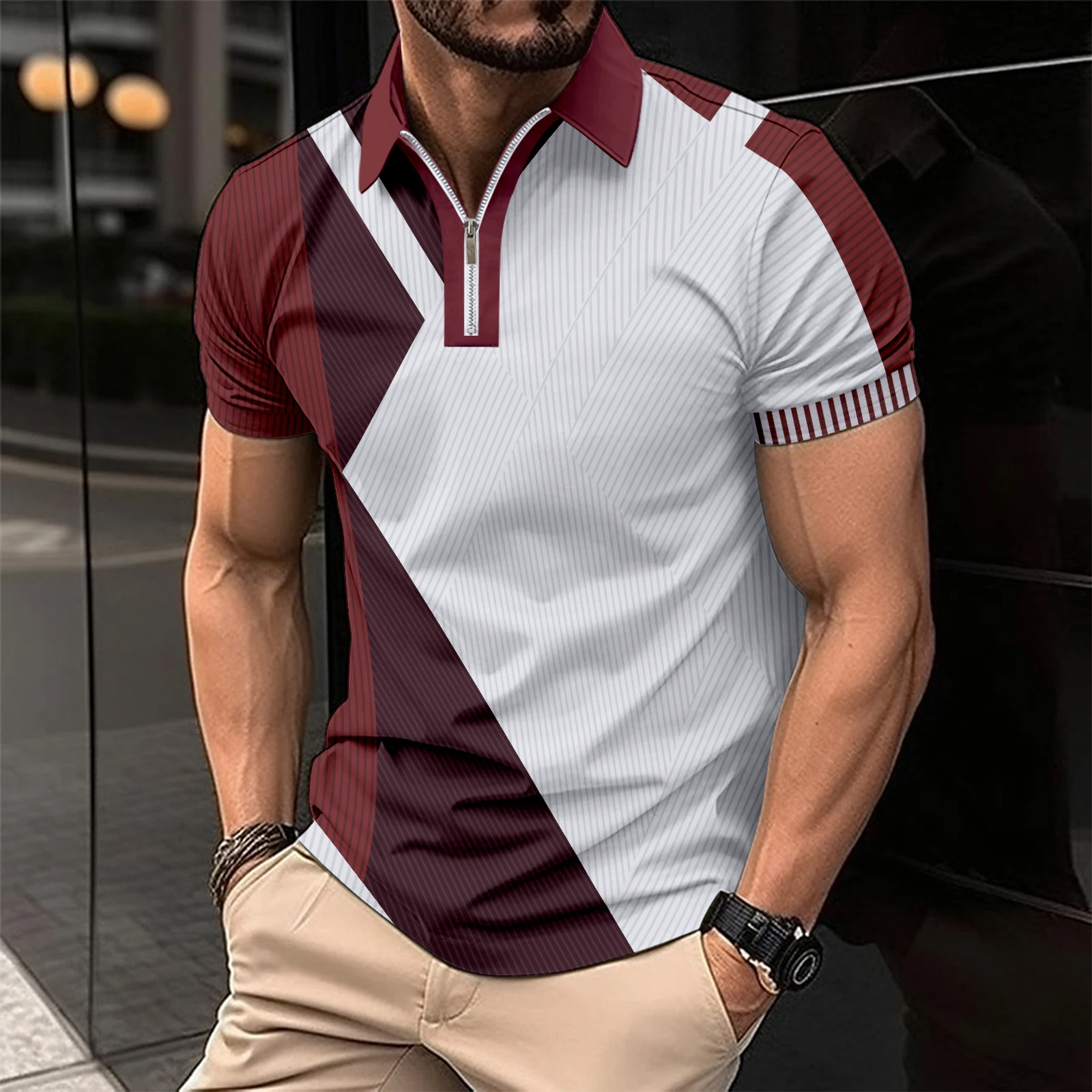 2024 summer high quality casual men\'s short sleeve stripes with zipper golf Polo shirt, men\'s slim fashion sports lapel