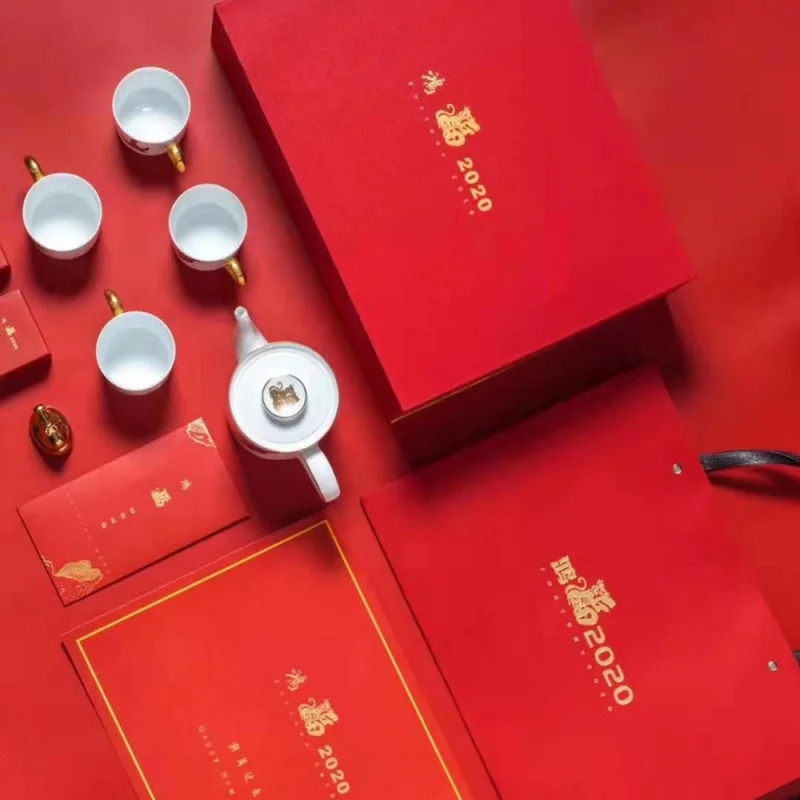 ★New Year's Gift Ceramic Tea Set Opportunity Knocks Teapot Teacup Tea Tray Kung Fu Tea Set New Year Tea Set Gift Box